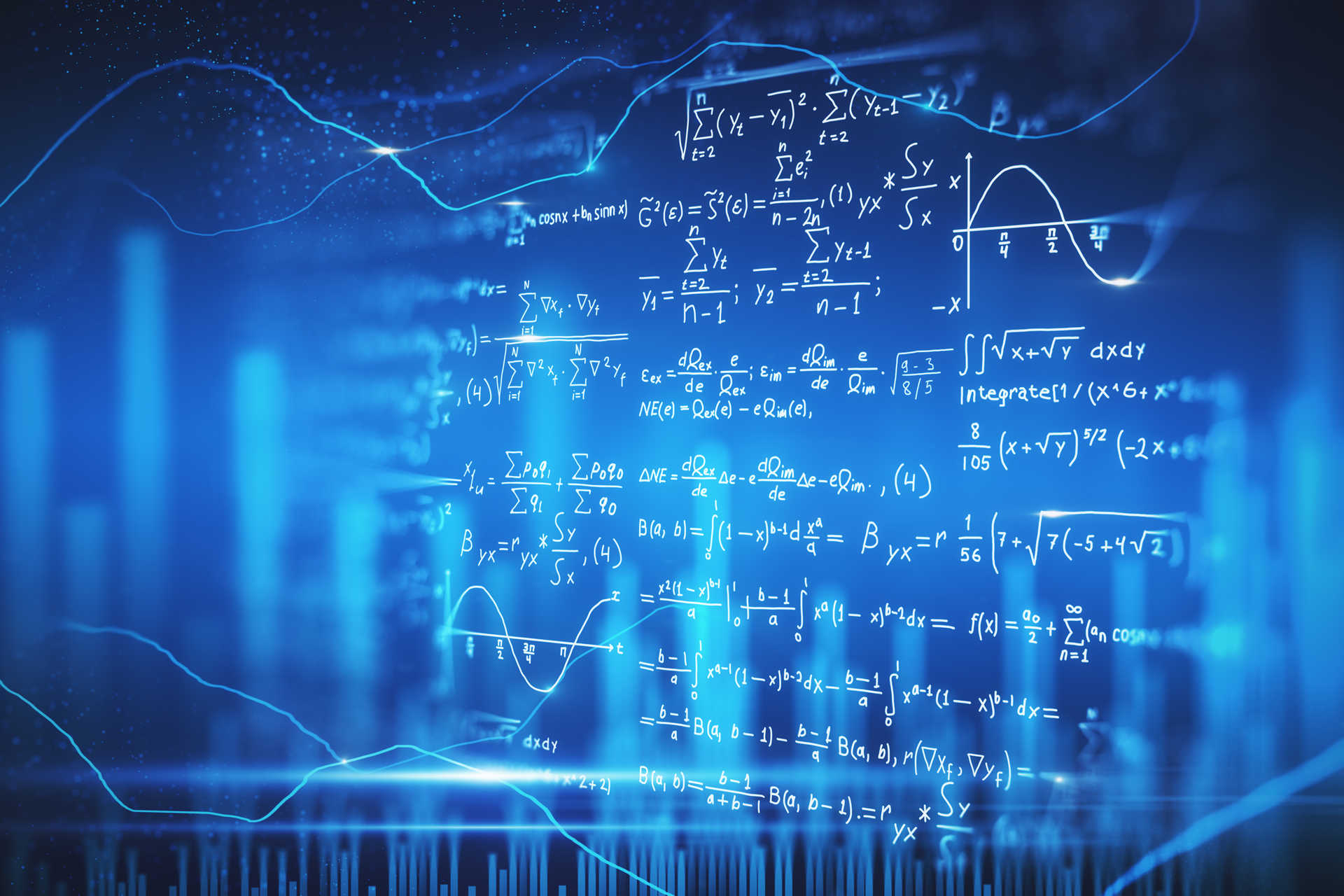 A collage of a blackboard with formulas and charts, bars and curves A collage of a blackboard with formulas and charts, bars and curves