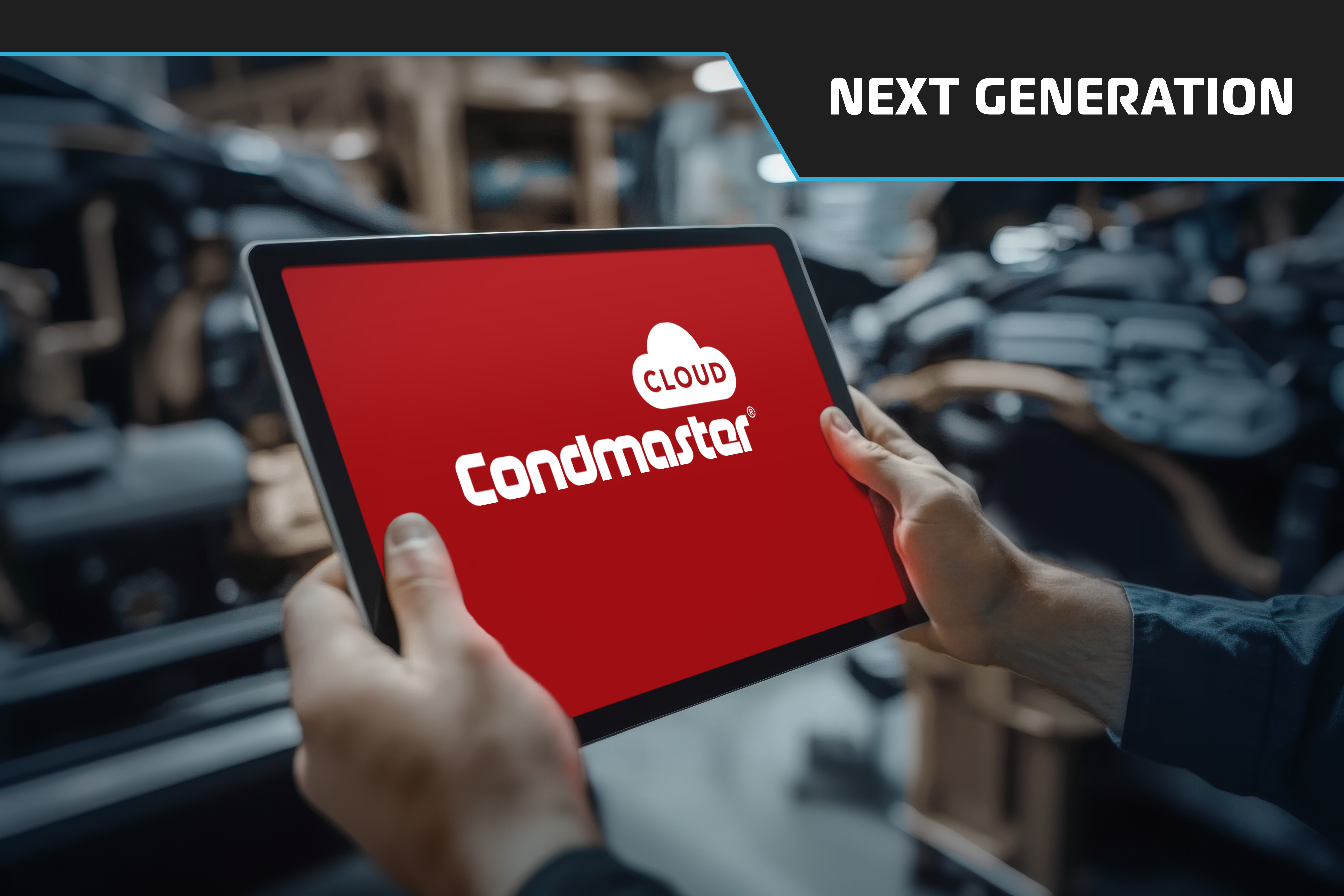 Male hands holding a tablet displaying the Condmaster Cloud logotype on red background