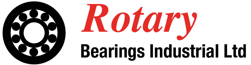 The Rotary Bearings Industrial logotype, with text red and black text and an illustration of a bearing on white background