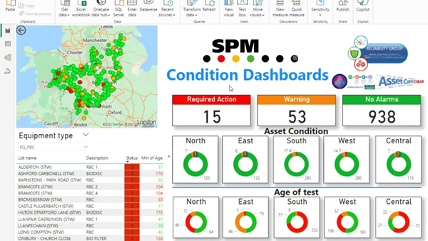 Screenshot showing Severn Trent Water sites on a map and in a list, along with asset condition indicators in green, yellow, and red