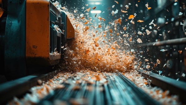 Closeup of sawdust flying from a wood chipper