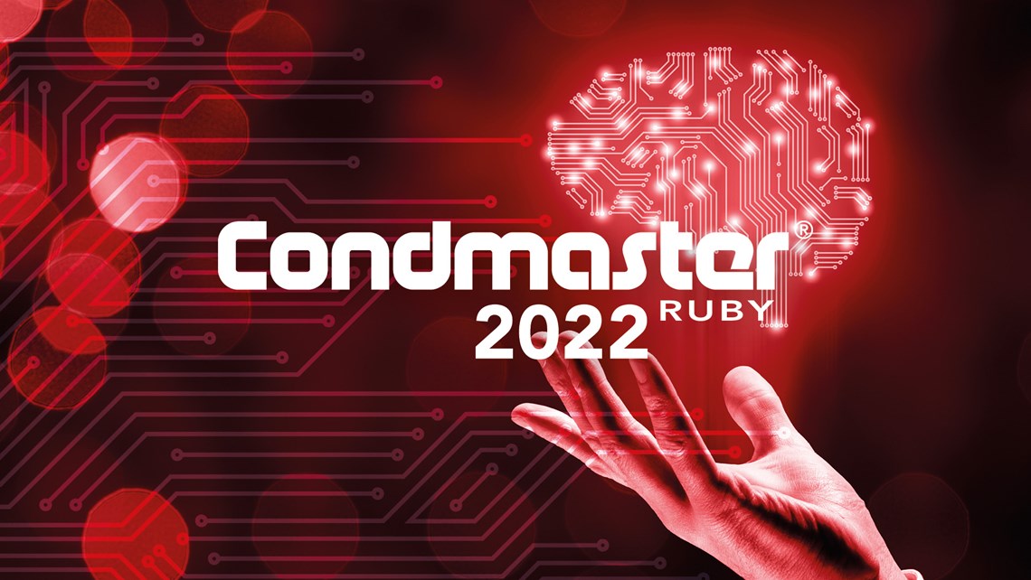 Condmaster Ruby 2022 logotype on red background image with hand holding brain
