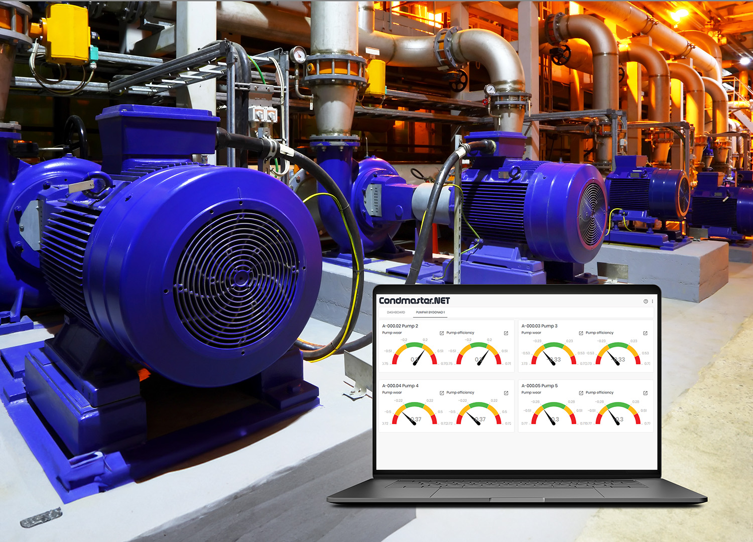 An open laptop showing gauges on the screen, with a row of pumps in the background