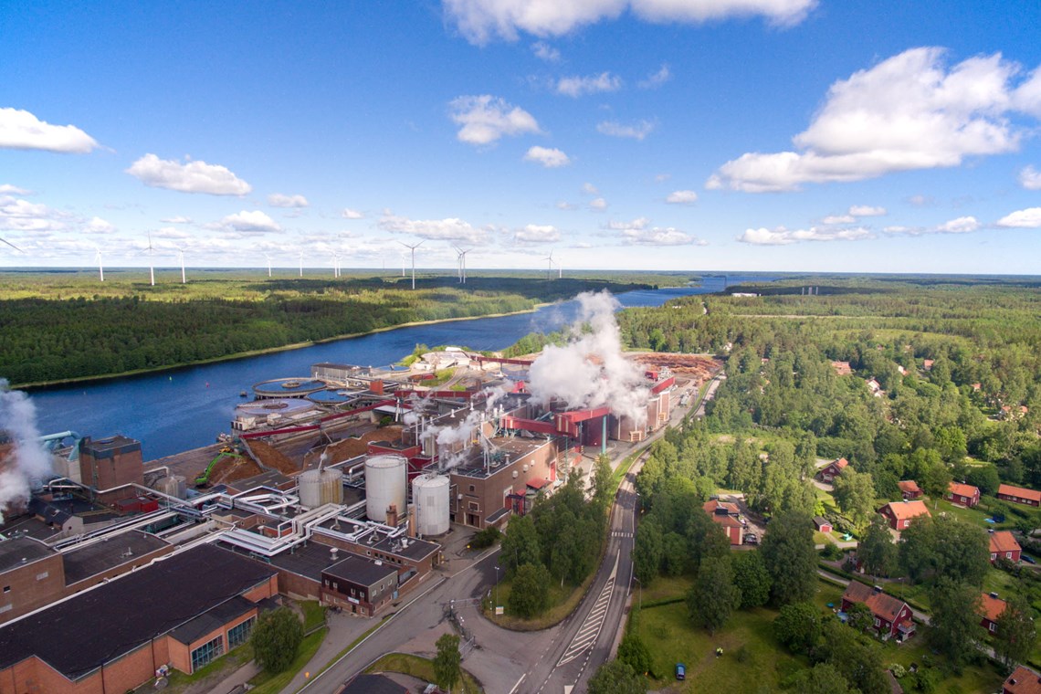 Aerial photo of Hallsta paper mill on a sunny summer day