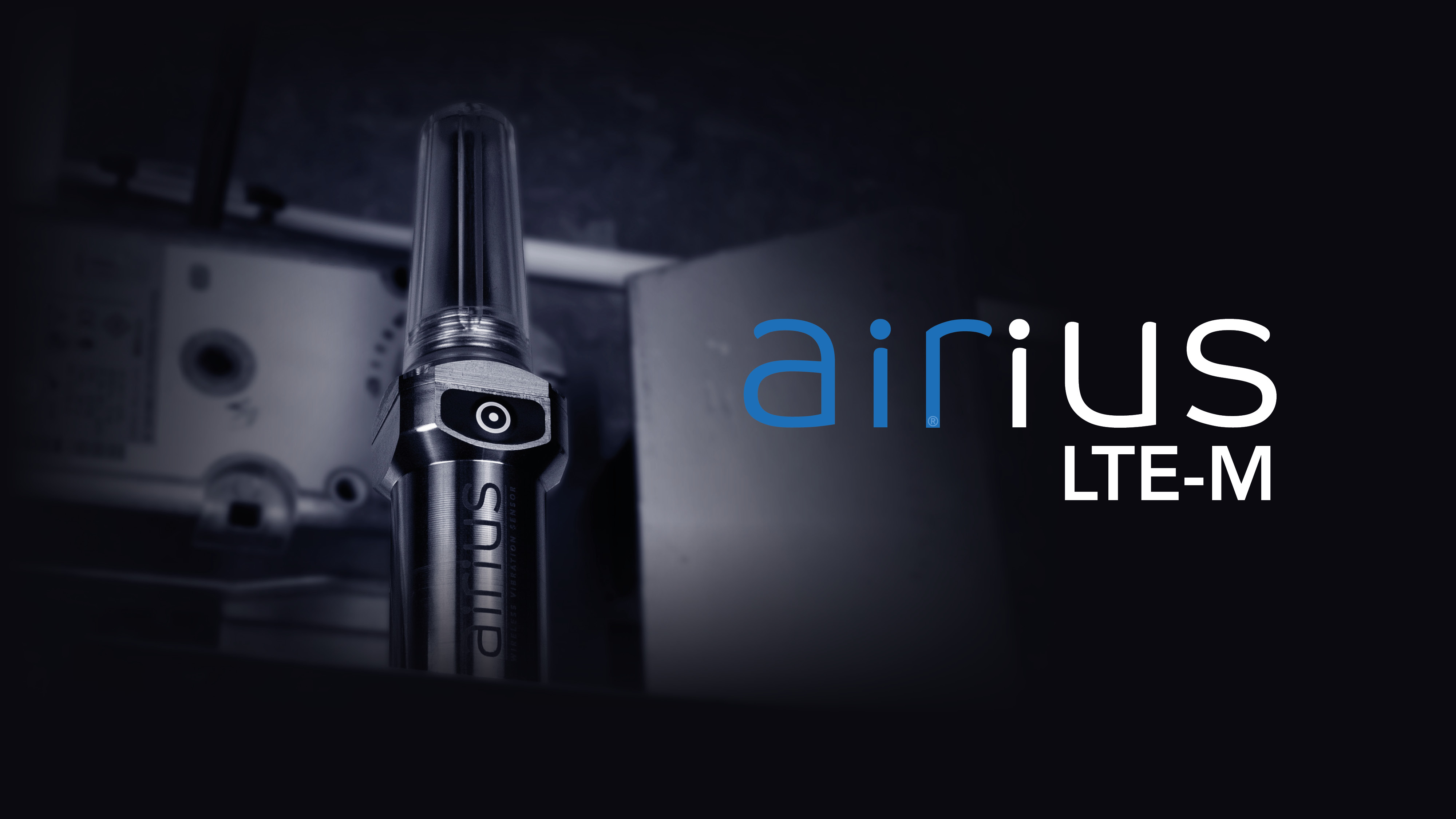 Airius sensor and logotype on dark, industrial-looking background